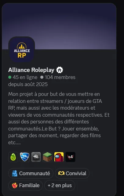 Aperçu général du serveur RP Alliance