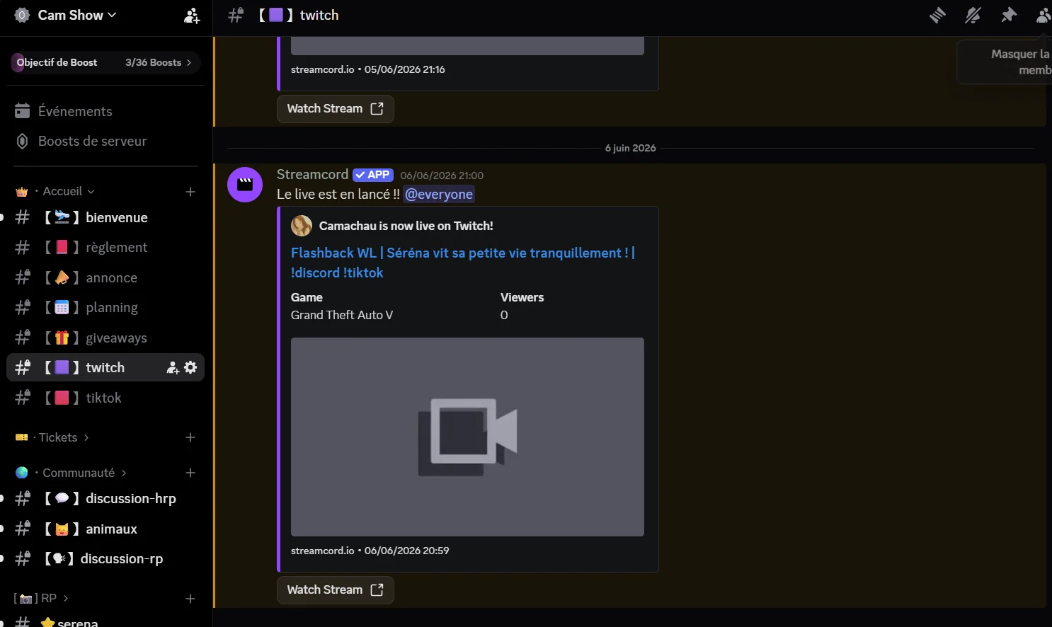 Notification live Twitch Camachau