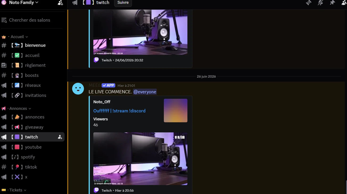 Notification live Twitch Noto